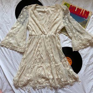 Boho crochet lace bell sleeve mini dress